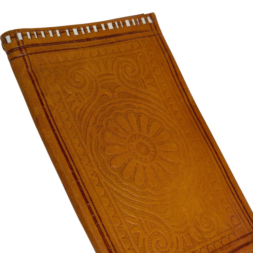 Vintage Hand Tooled Leather Wallet Tan Boho Floral Embossed Whipstitch Good